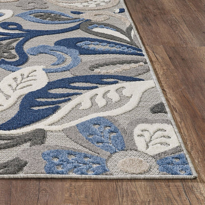 5' X 7' Blue And Gray Floral Indoor Outdoor Area Rug