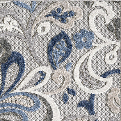 5' X 7' Blue And Gray Floral Indoor Outdoor Area Rug