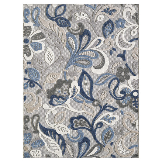 7’ x 9’ Blue Gray Jacobean Floral Indoor Outdoor Area Rug
