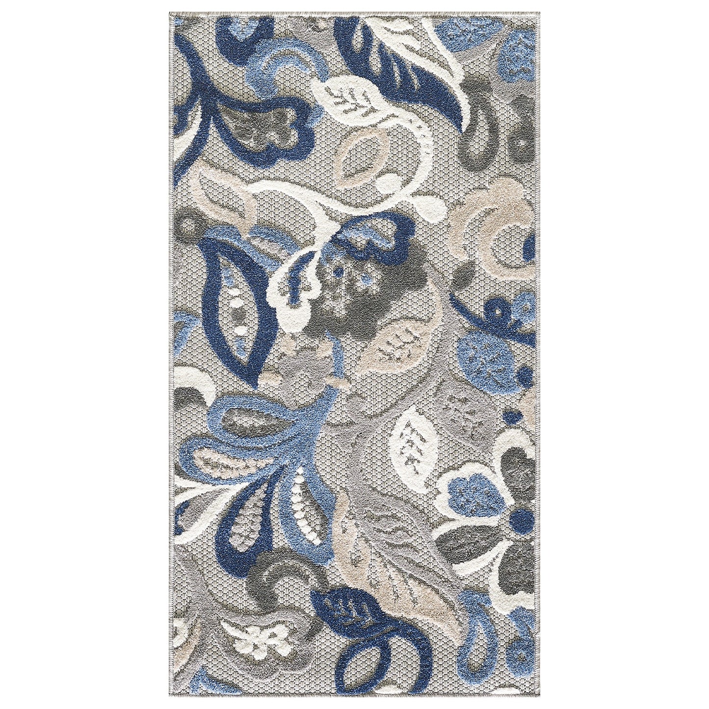 7’ X 9’ Blue Gray Jacobean Floral Indoor Outdoor Area Rug