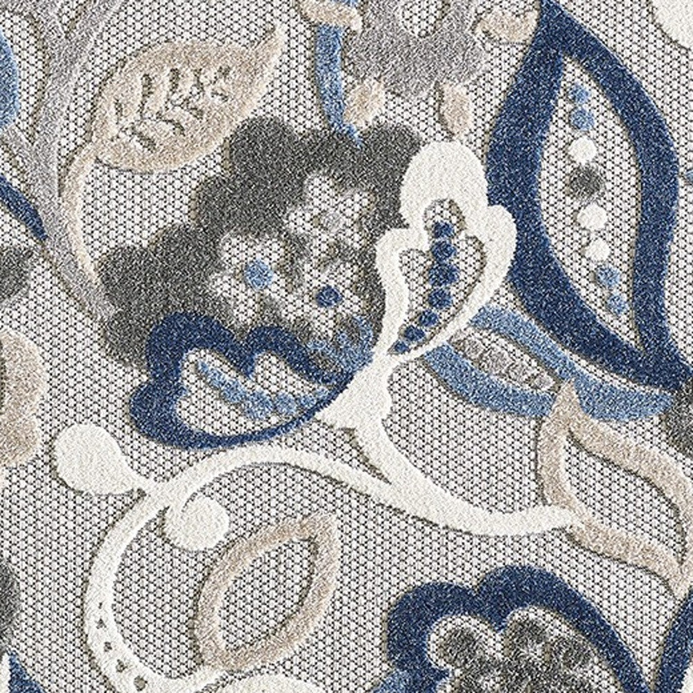 7’ X 9’ Blue Gray Jacobean Floral Indoor Outdoor Area Rug