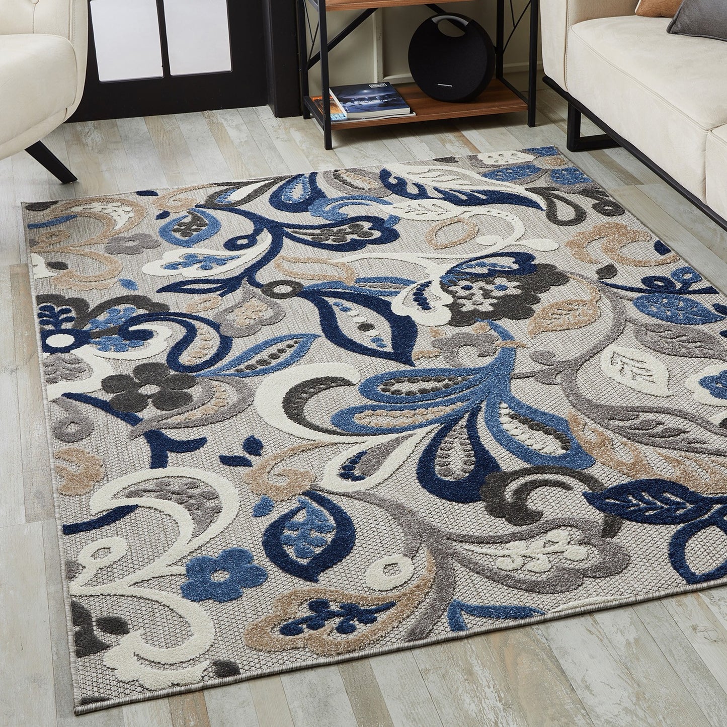 7’ X 9’ Blue Gray Jacobean Floral Indoor Outdoor Area Rug