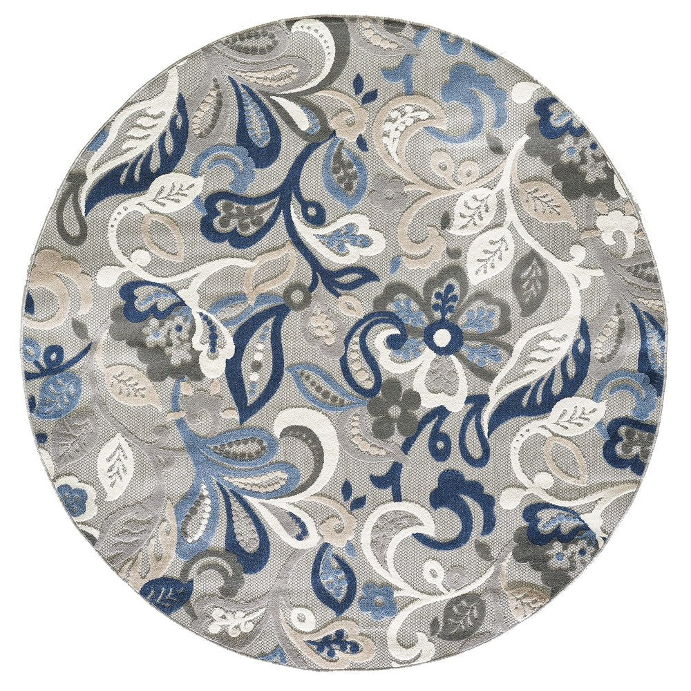 8’ Round Blue Gray Jacobean Floral Indoor Outdoor Area Rug
