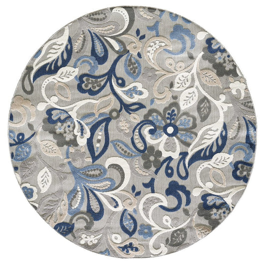8’ Round Blue Gray Jacobean Floral Indoor Outdoor Area Rug