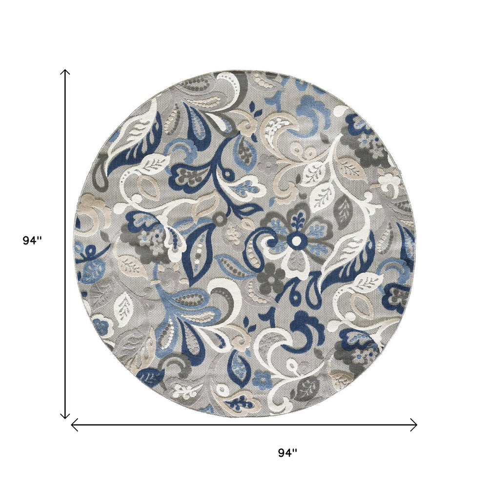 8’ Round Blue Gray Jacobean Floral Indoor Outdoor Area Rug