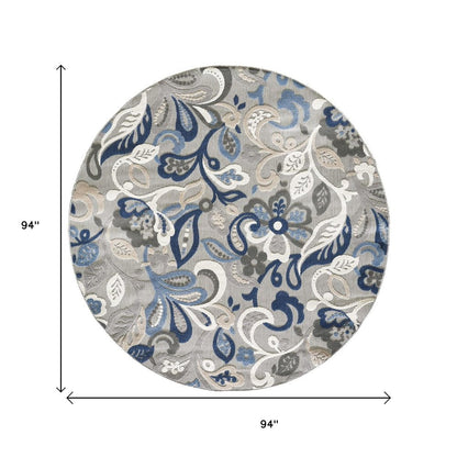8’ Round Blue Gray Jacobean Floral Indoor Outdoor Area Rug