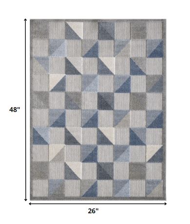 2' X 4' Blue And Gray Geometric Stain Resistant Indoor Outdoor Area Rug