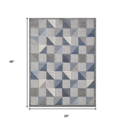 2' X 4' Blue And Gray Geometric Stain Resistant Indoor Outdoor Area Rug
