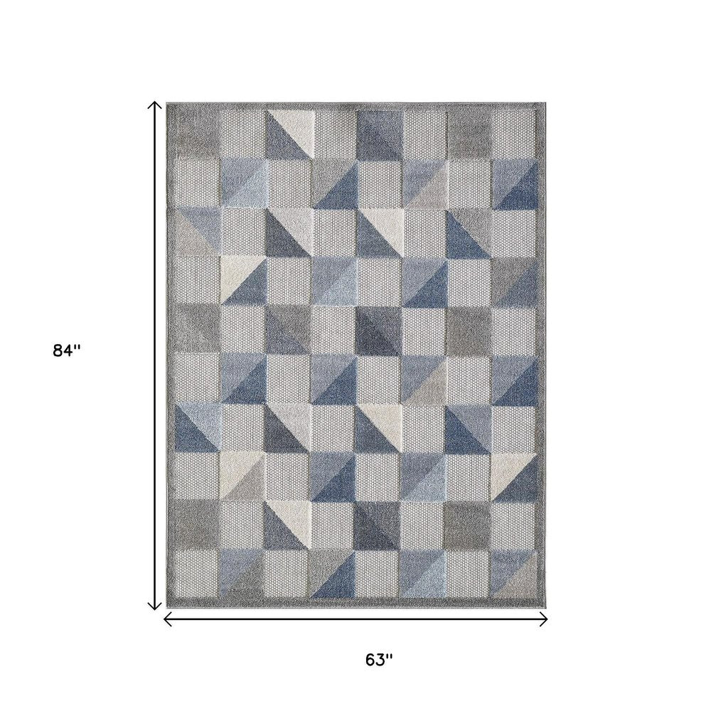 5' X 7' Blue And Gray Geometric Stain Resistant Indoor Outdoor Area Rug