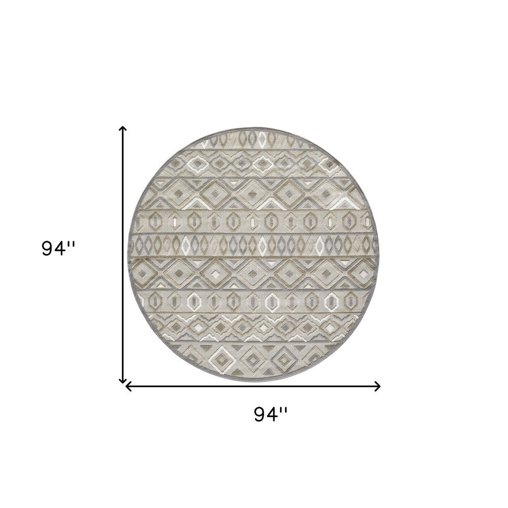 8' round gray and ivory Southwestern stain resistant indoor outdoor area rug