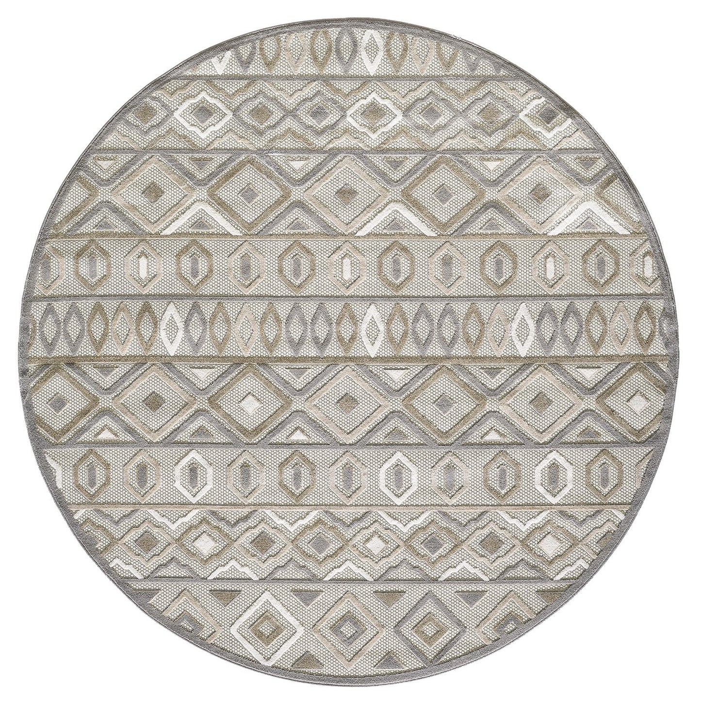 8' Round Gray And Ivory Round Southwestern Stain Resistant Indoor Outdoor Area Rug