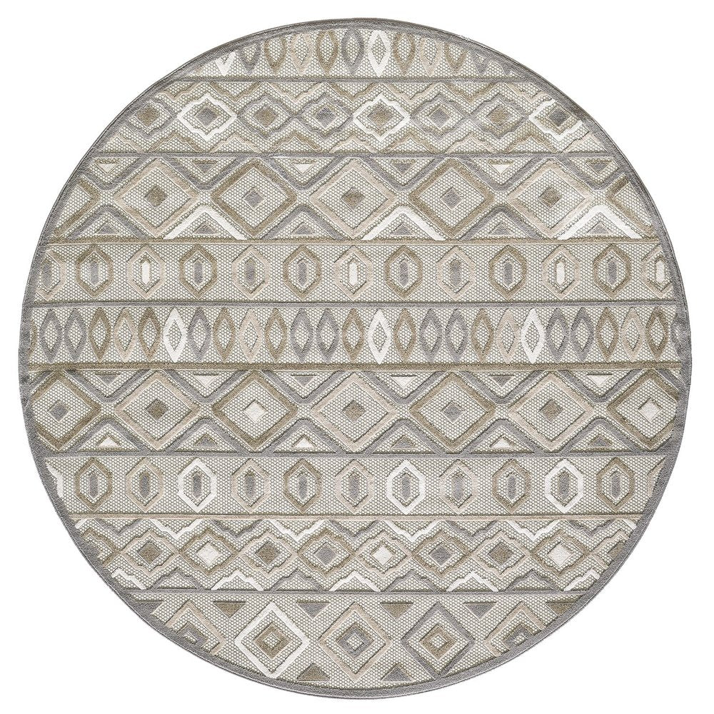 8' round gray and ivory Southwestern stain-resistant indoor/outdoor area rug