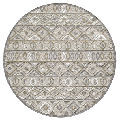8' round gray and ivory Southwestern stain-resistant indoor/outdoor area rug