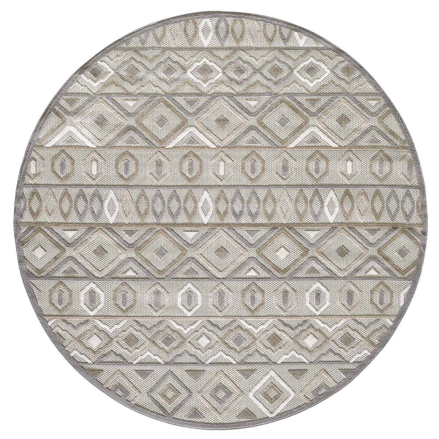 8' Round Gray And Ivory Round Southwestern Stain Resistant Indoor Outdoor Area Rug