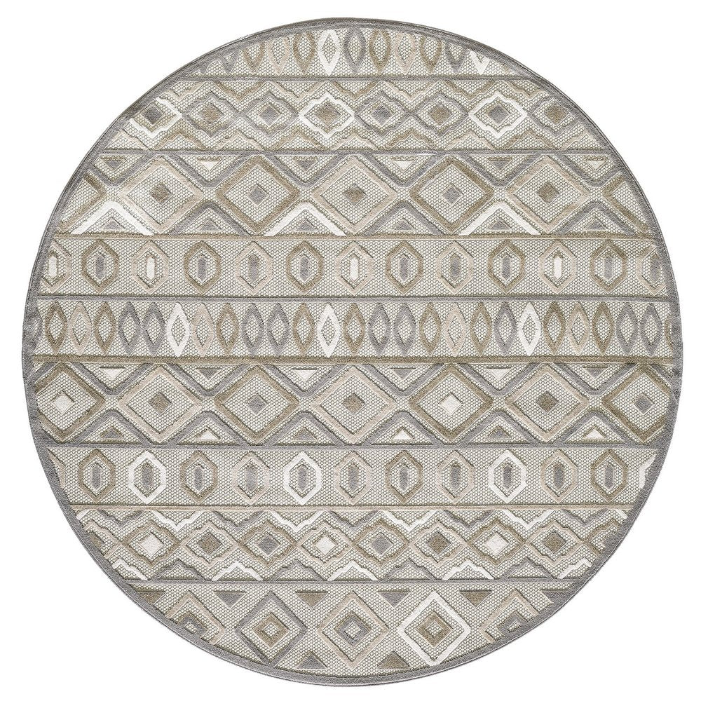 8' Round Gray and Ivory Southwestern Stain-Resistant Indoor/Outdoor Area Rug