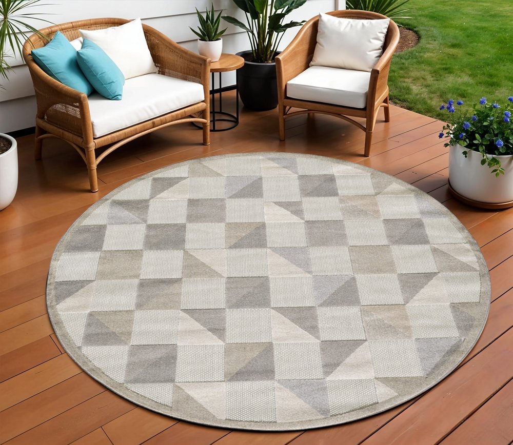 8' Round Gray Round Geometric Stain Resistant Indoor Outdoor Area Rug