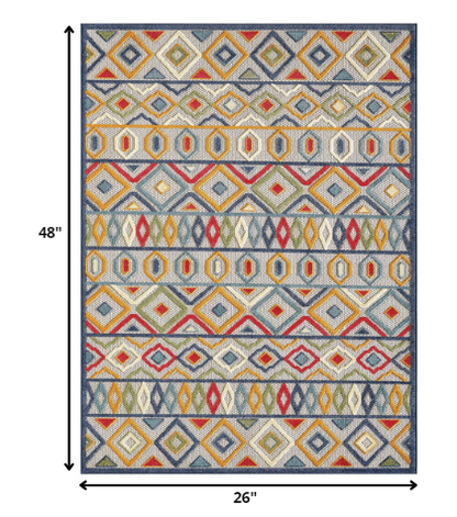 2' X 4' Ivory And Blue Southwestern Stain Resistant Indoor Outdoor Area Rug