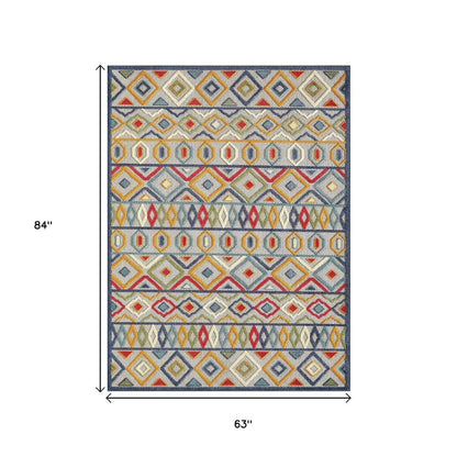 5' X 7' Ivory And Blue Southwestern Stain Resistant Indoor Outdoor Area Rug