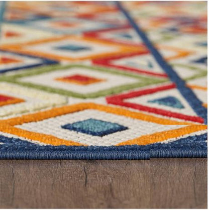 7' X 9' Ivory And Blue Southwestern Stain Resistant Indoor Outdoor Area Rug