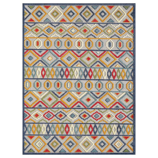 7' X 9' Ivory And Blue Southwestern Stain Resistant Indoor Outdoor Area Rug
