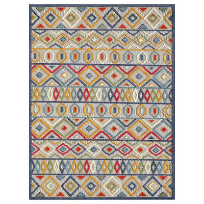 7' X 9' Ivory And Blue Southwestern Stain Resistant Indoor Outdoor Area Rug