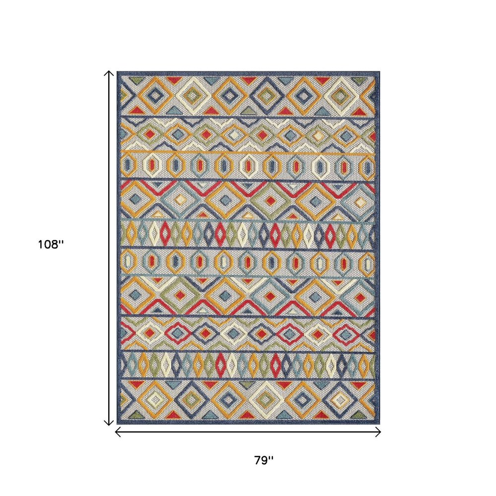 7' X 9' Ivory And Blue Southwestern Stain Resistant Indoor Outdoor Area Rug