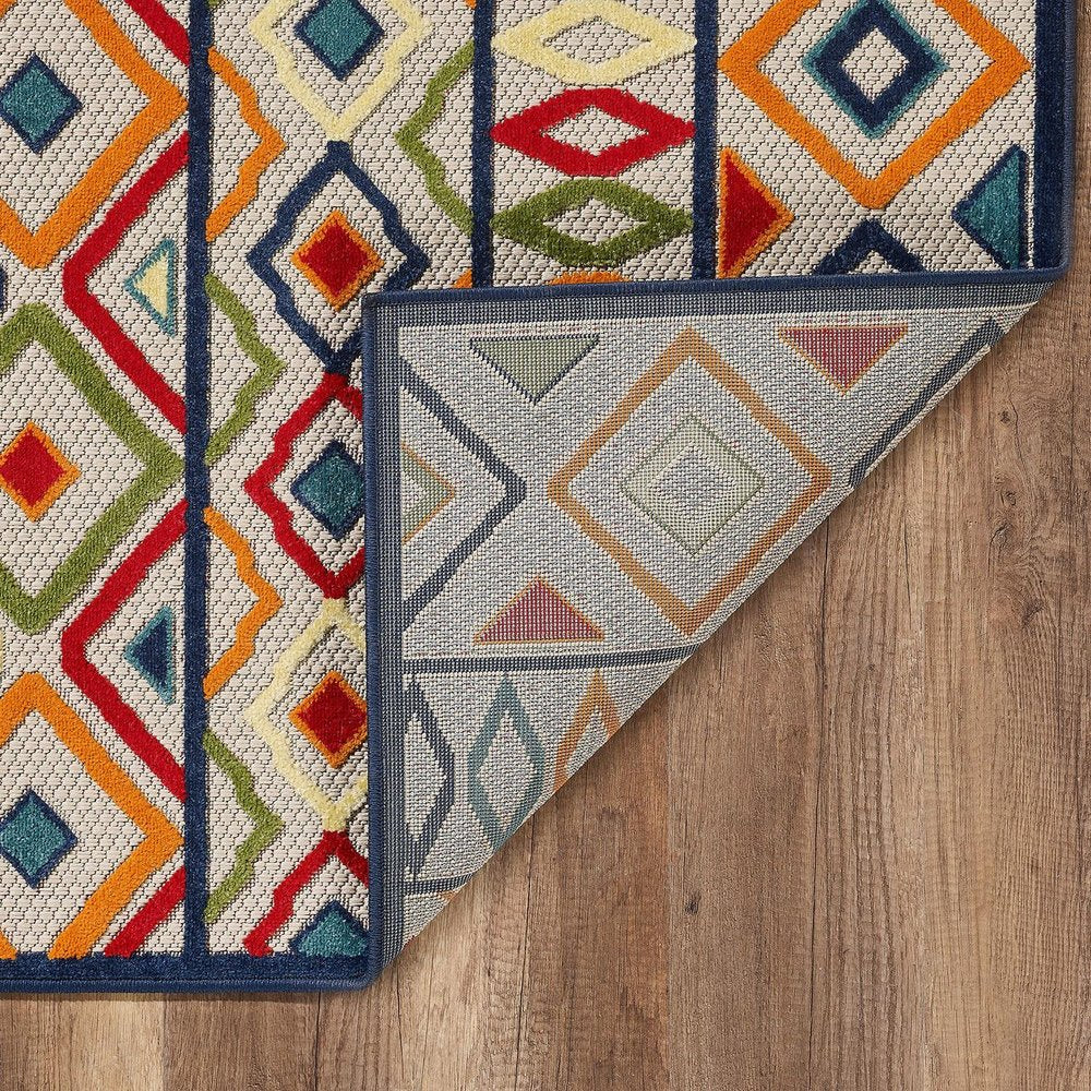 8' X 10' Ivory And Blue Southwestern Stain Resistant Indoor Outdoor Area Rug