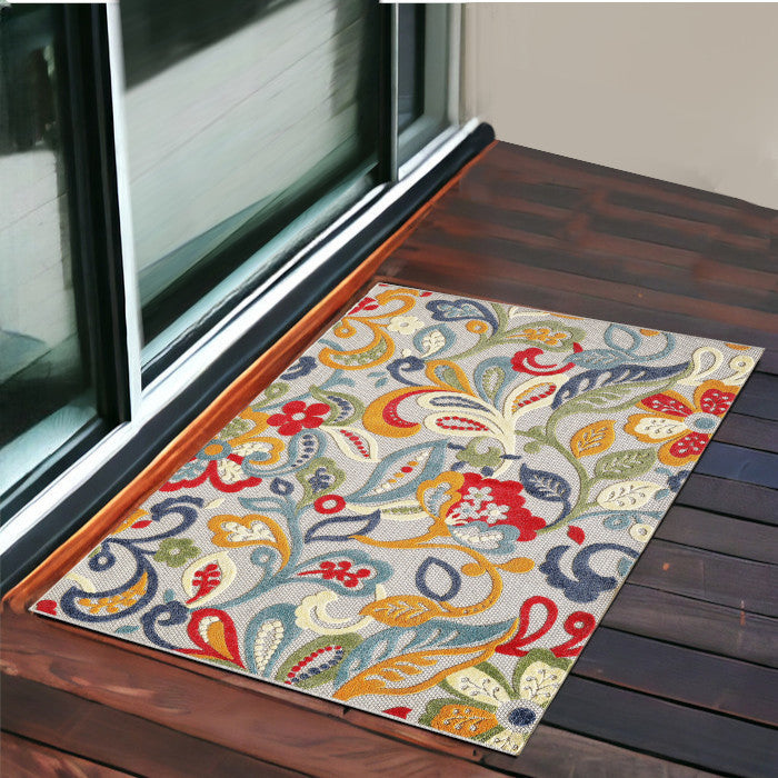 2' X 4' Ivory And Blue Floral Stain Resistant Indoor Outdoor Area Rug