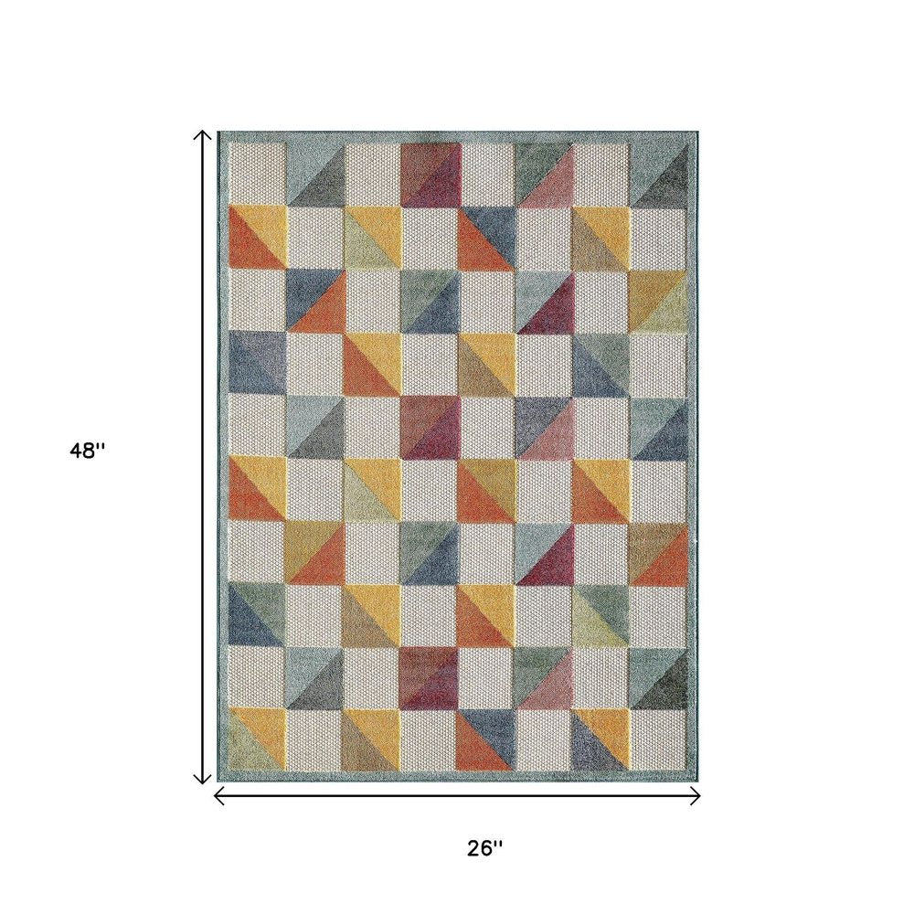 2' X 4' Orange And Ivory Geometric Stain Resistant Indoor Outdoor Area Rug