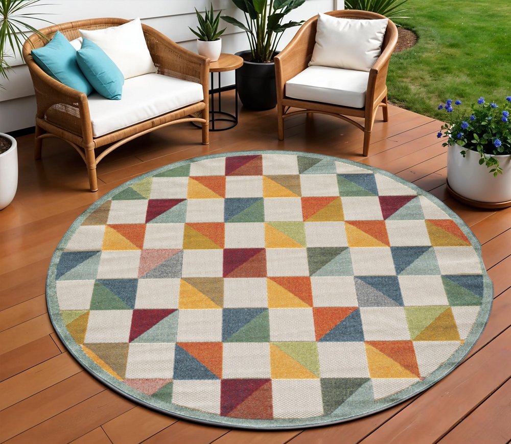 8' Round Orange And Ivory Round Geometric Stain Resistant Indoor Outdoor Area Rug