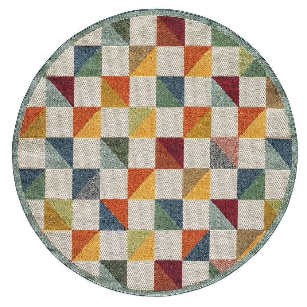 8' Round Orange And Ivory Round Geometric Stain Resistant Indoor Outdoor Area Rug