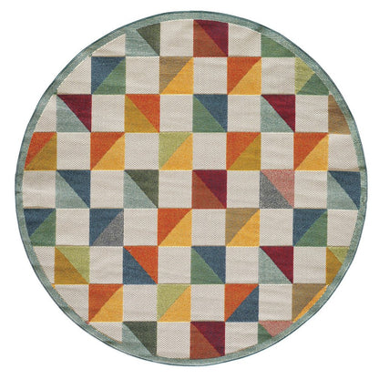 8' Round Orange And Ivory Round Geometric Stain Resistant Indoor Outdoor Area Rug