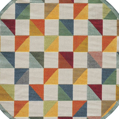 8' Round Orange And Ivory Round Geometric Stain Resistant Indoor Outdoor Area Rug