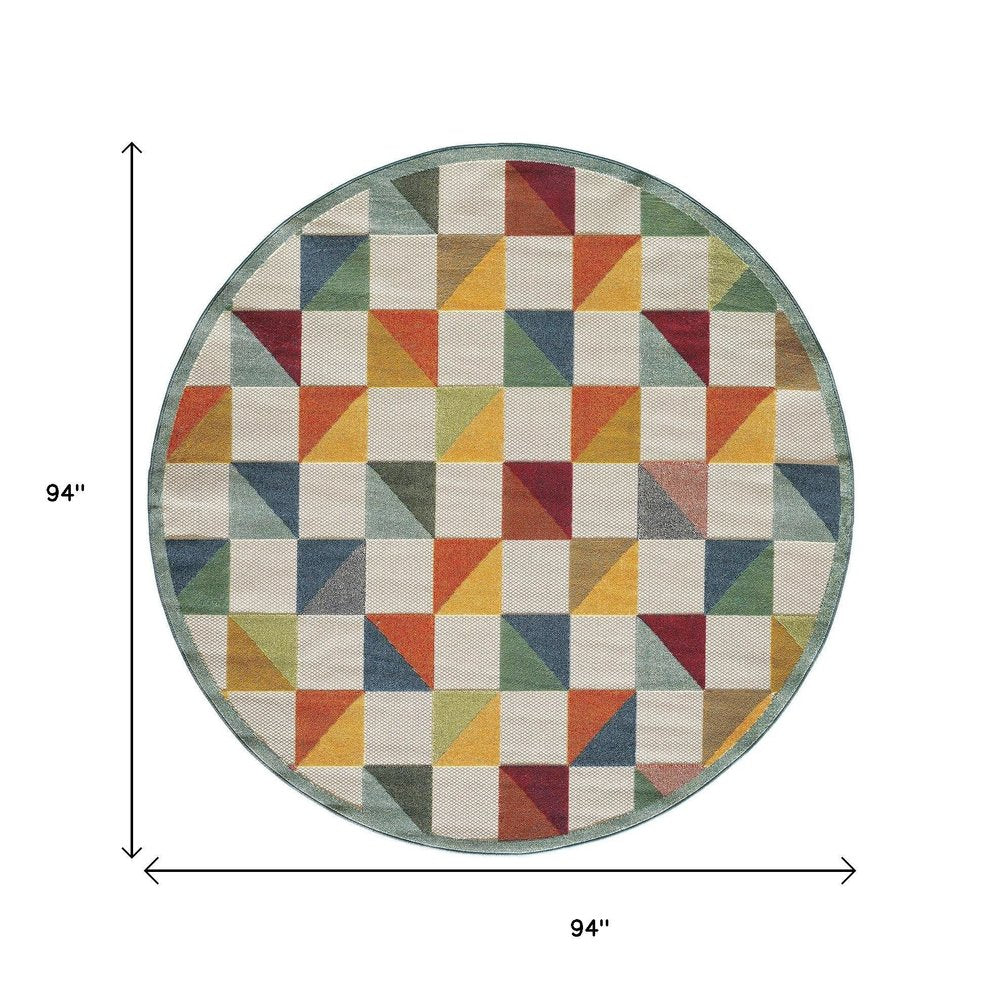 8' Round Orange And Ivory Round Geometric Stain Resistant Indoor Outdoor Area Rug