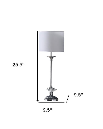 26" Silver Metal And Faux Crystal Table Lamp With White Cylinder Shade