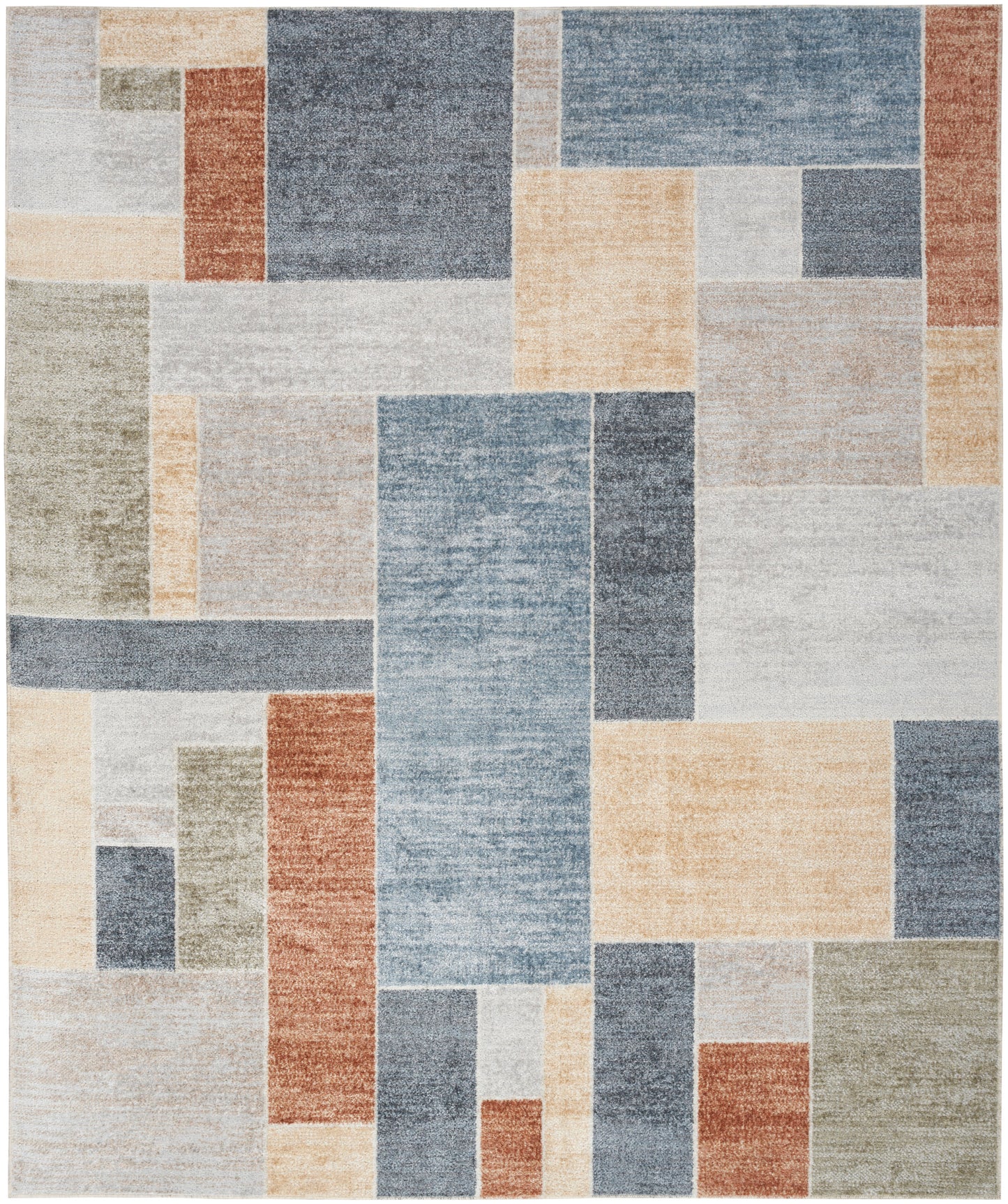 Rectangular patchwork area rug with muted blue, beige, rust, olive and cream blocks in a modern geometric design.