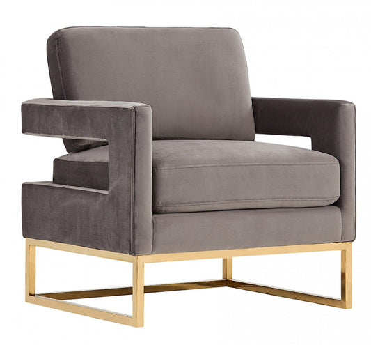 34" Gray And Gold Velvet Arm Chair