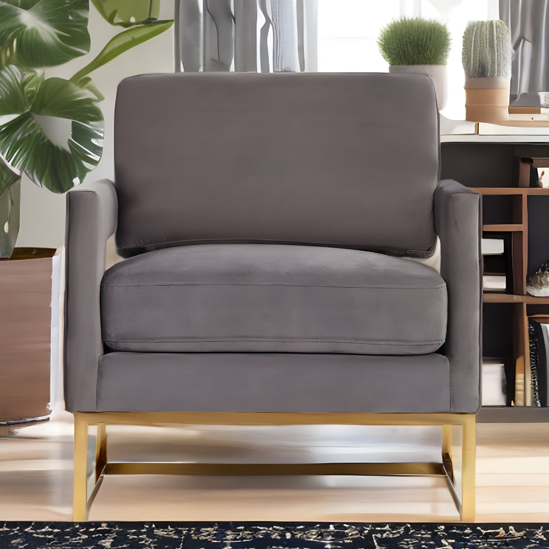 34" Gray And Gold Velvet Arm Chair