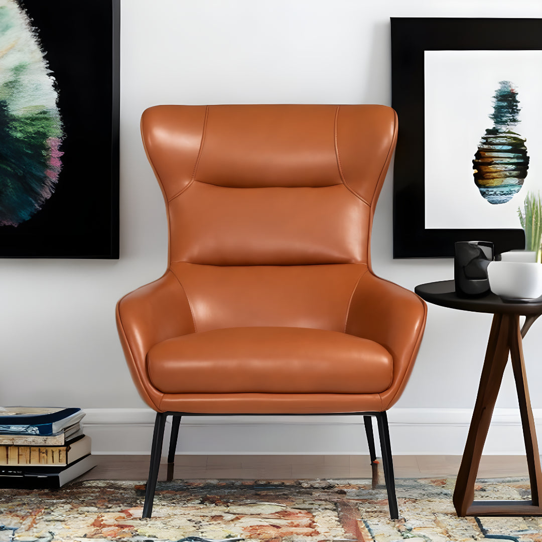 26" Orange And Black Faux Leather Wingback Chair