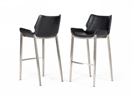 Set of Two 30" Black And Silver Faux Leather And Steel Low Back Bar Height Bar Chairs