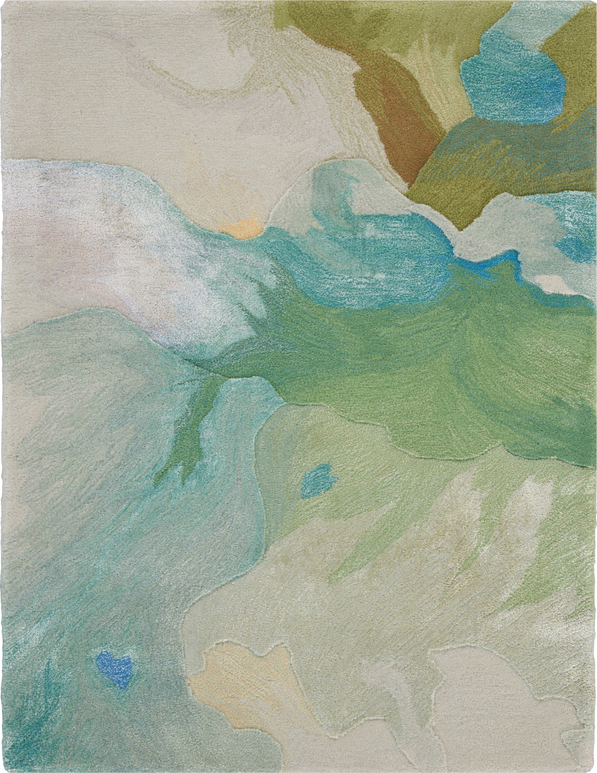 Abstract pastel rug with flowing greens, blues and beiges; impressionist landscape-inspired textile.