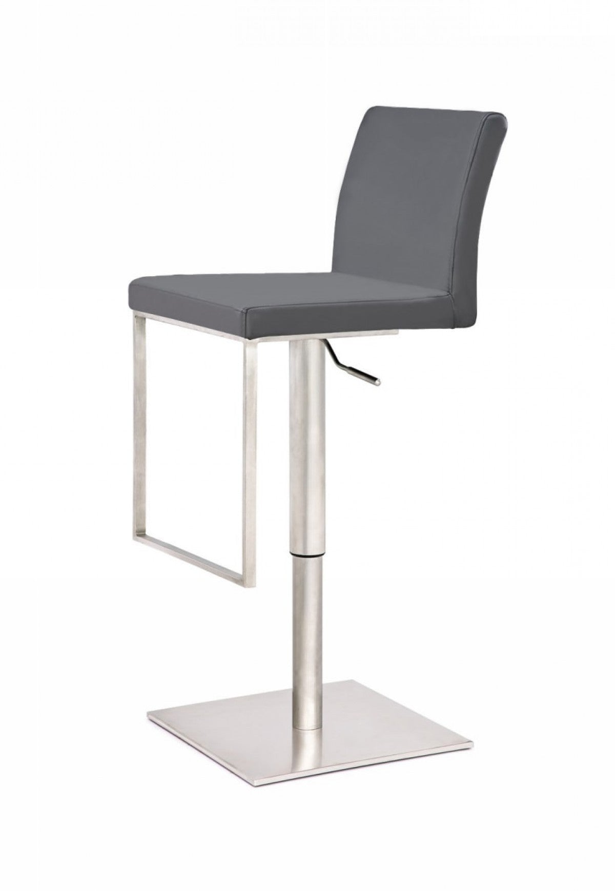 37" Gray And Silver Faux Leather And Stainless Steel Swivel Low Back Adjustable Height Bar Chair