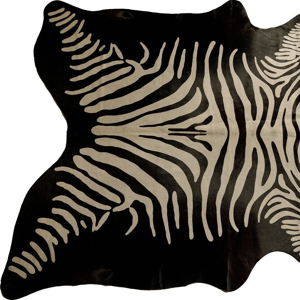 6' X 7' Black And Off White Cowhide Zebra Print Handmade Area Rug