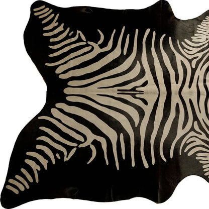 6' X 7' Black And Off White Cowhide Zebra Print Handmade Area Rug