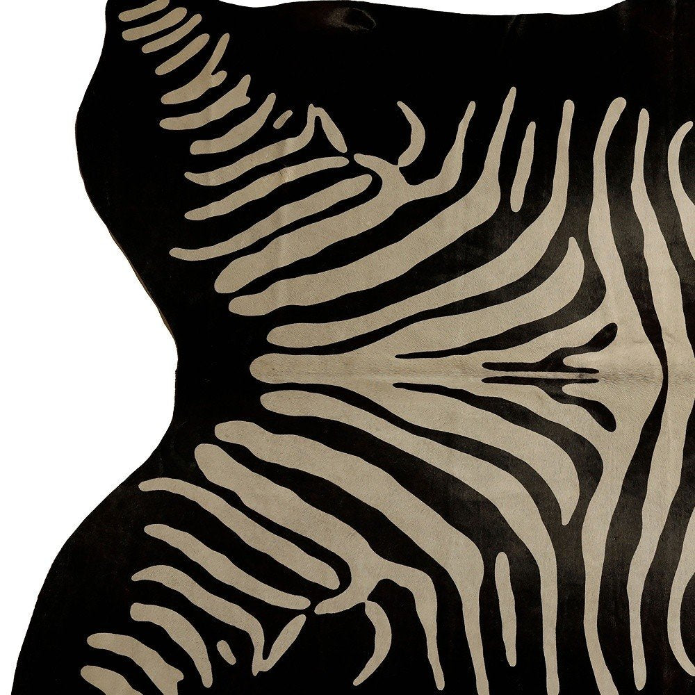 6' X 7' Black And Off White Cowhide Zebra Print Handmade Area Rug
