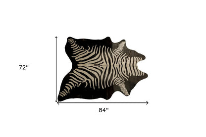 6' X 7' Black And Off White Cowhide Zebra Print Handmade Area Rug