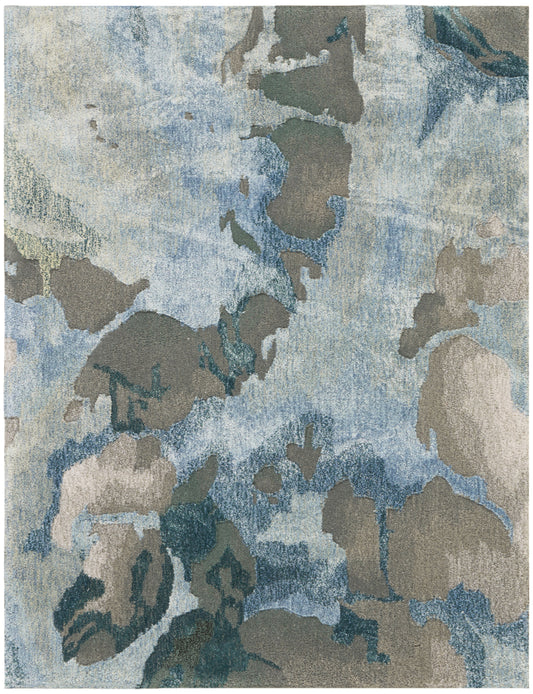 Rectangular abstract area rug in blues, grays and beiges with watercolor camo pattern; modern décor.