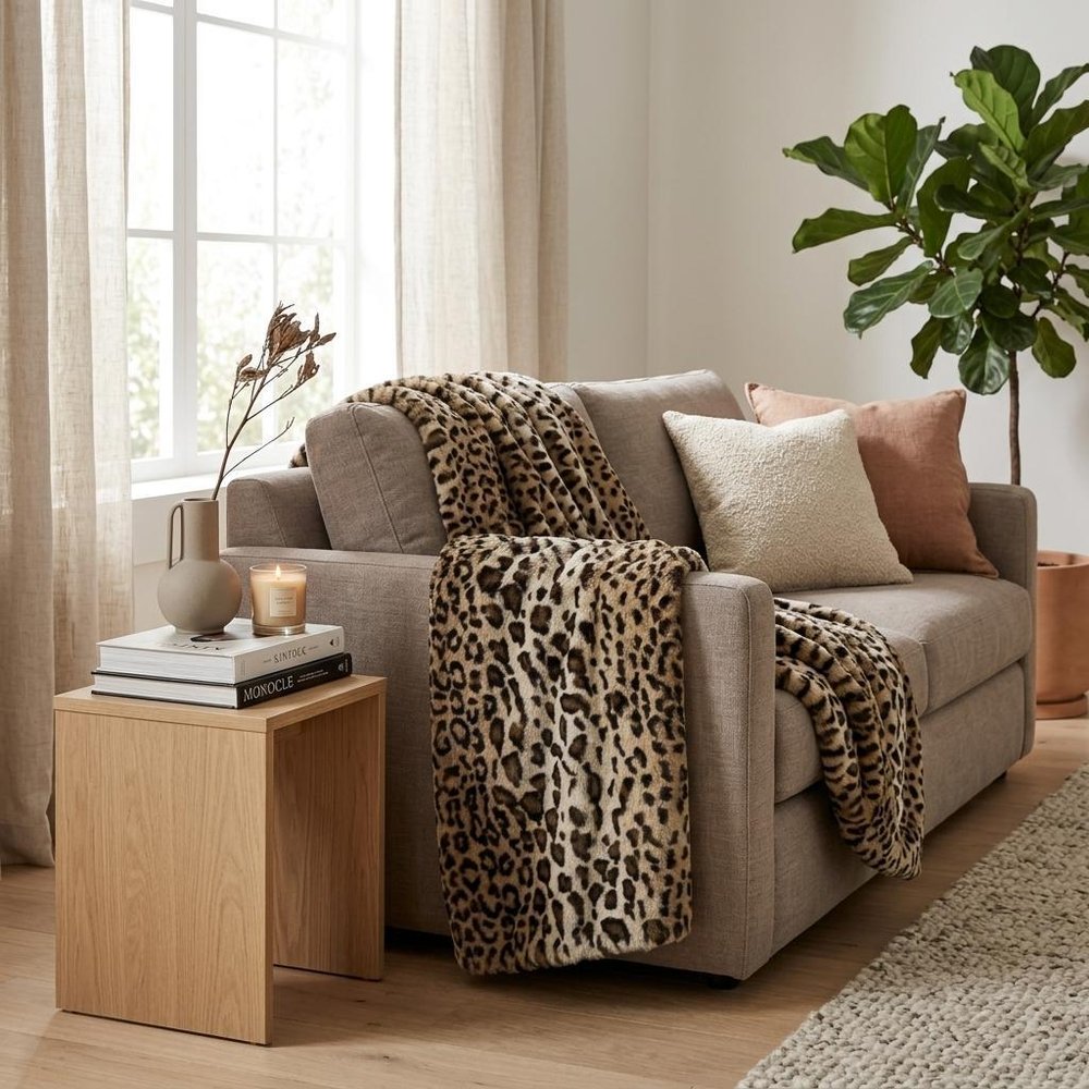 50" X 60" Black Brown And Beige Leopard Faux Fur Plush Throw Blanket