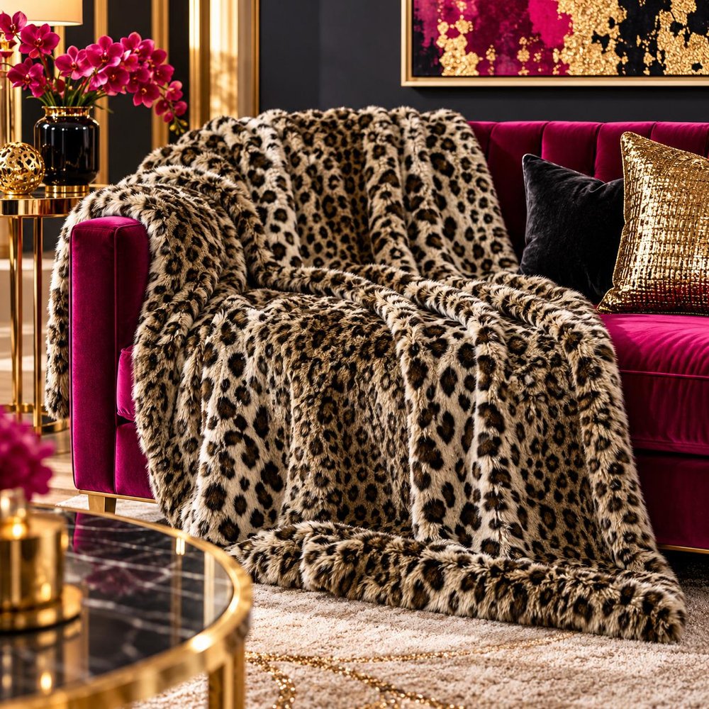 50" X 60" Black Brown And Beige Leopard Faux Fur Plush Throw Blanket
