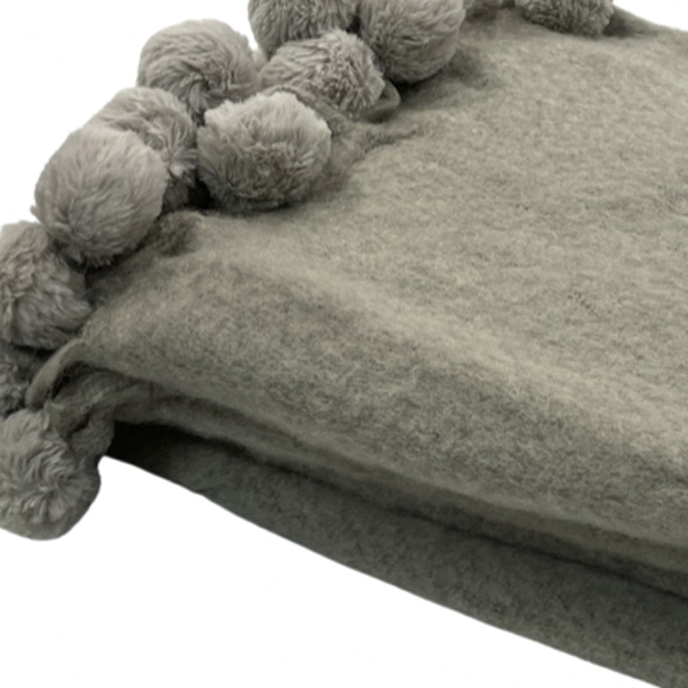 Plush Grey Wool Blend Throw With Pom Pom Trim Detail